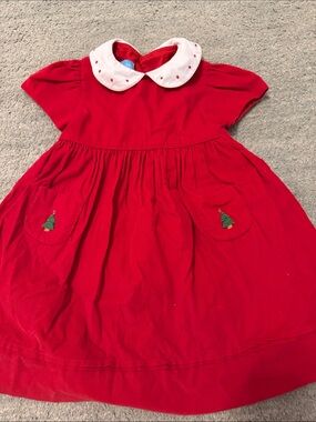 Anavini Children's Red corduroy Holiday Dress with White Peter Pan Collar